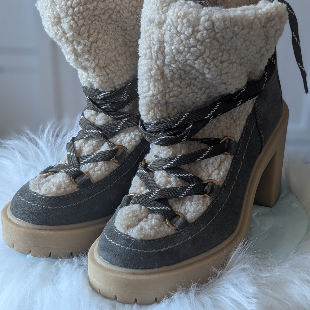 Dolce Vita Gray and Cream Lace-Up Boots